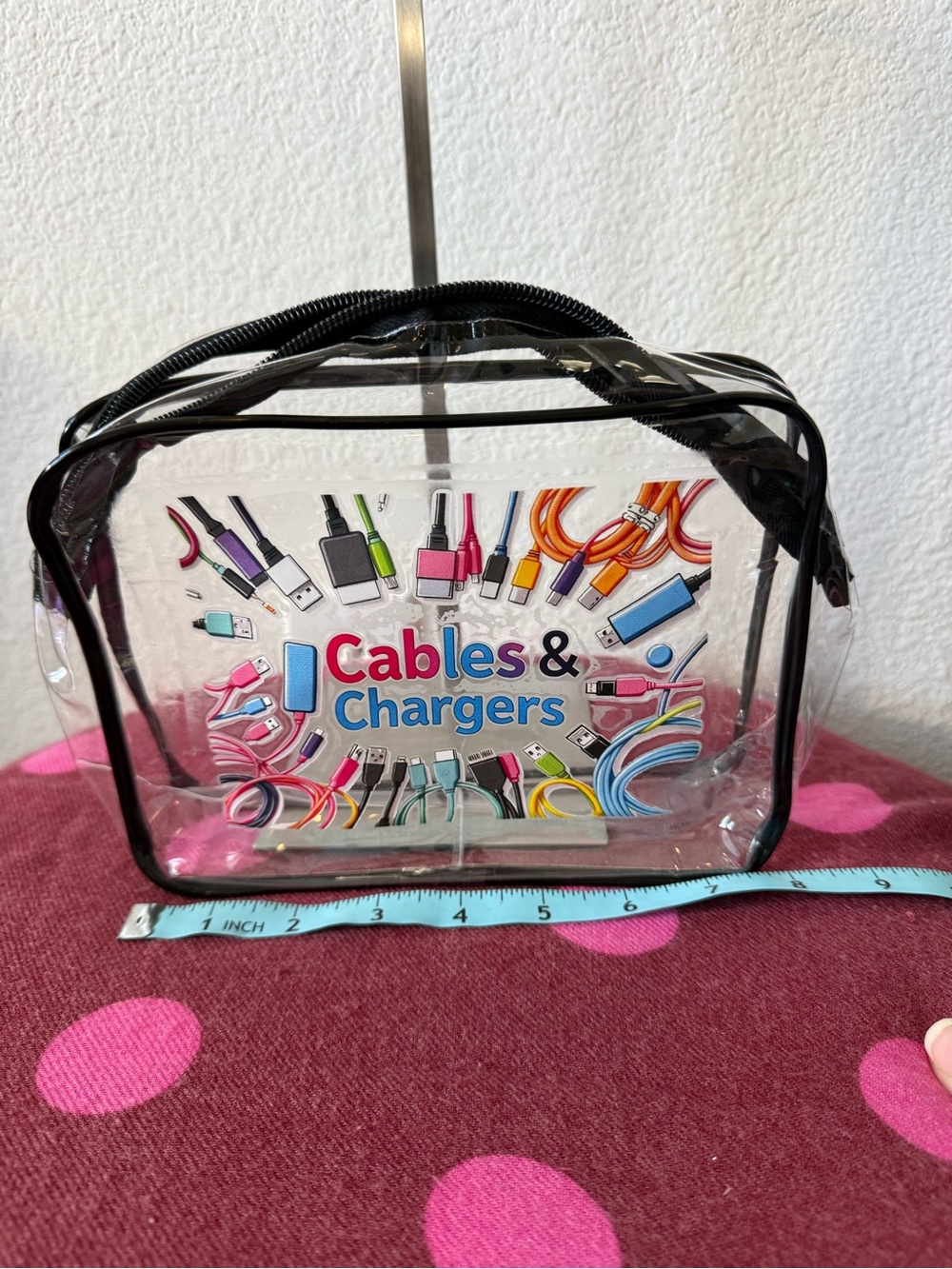 Clear Cables & Chargers Organizer Bag Black Trim Zipper Travel Pouch